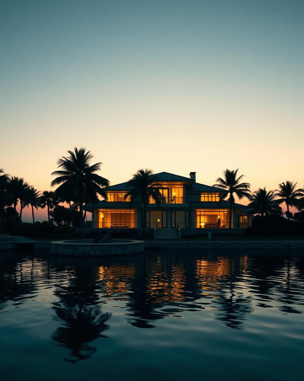 Miami waterfront villa at dusk